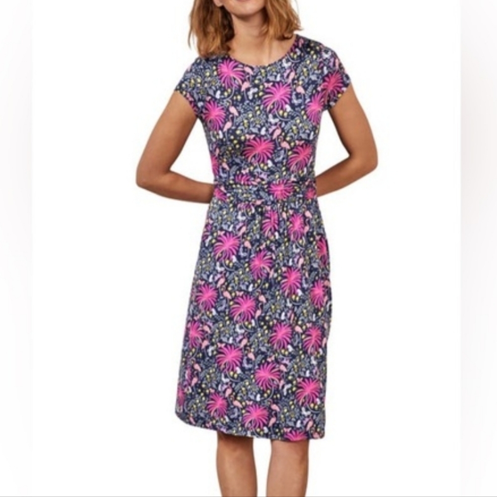 BODEN Amelie Print Jersey Dress In Navy Tropical Charm Flamingo Women's Size 6